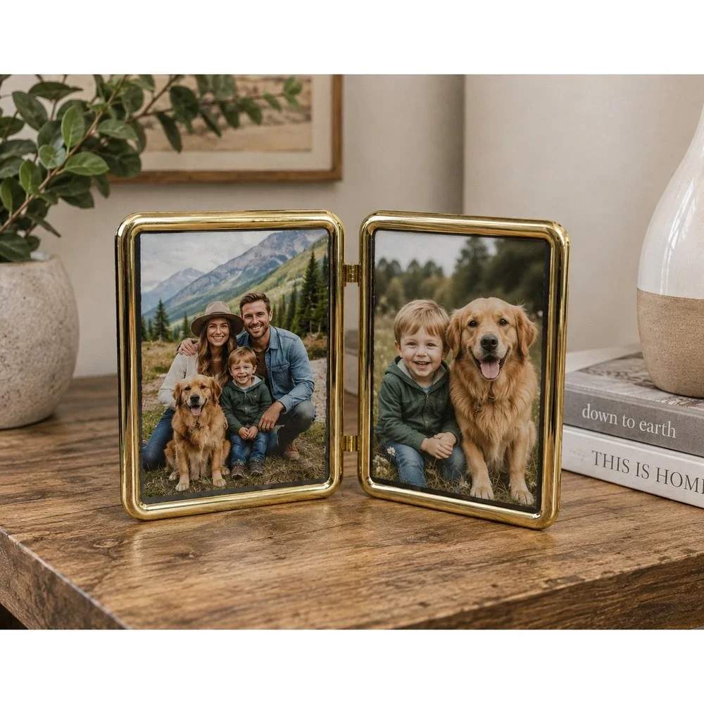 Vtg Solid Brass Double Folding Picture Frame 8x10 Gold Hand Polished